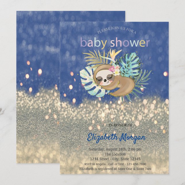 Sleeping Sloth Glitter Bokeh Baby Shower Invitation (Front/Back)