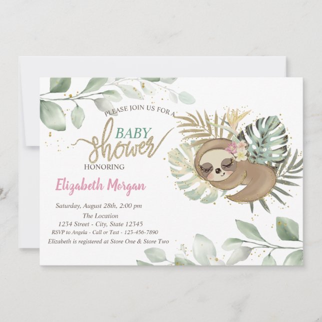 Sleeping Sloth Leaves Baby Shower  Invitation (Front)