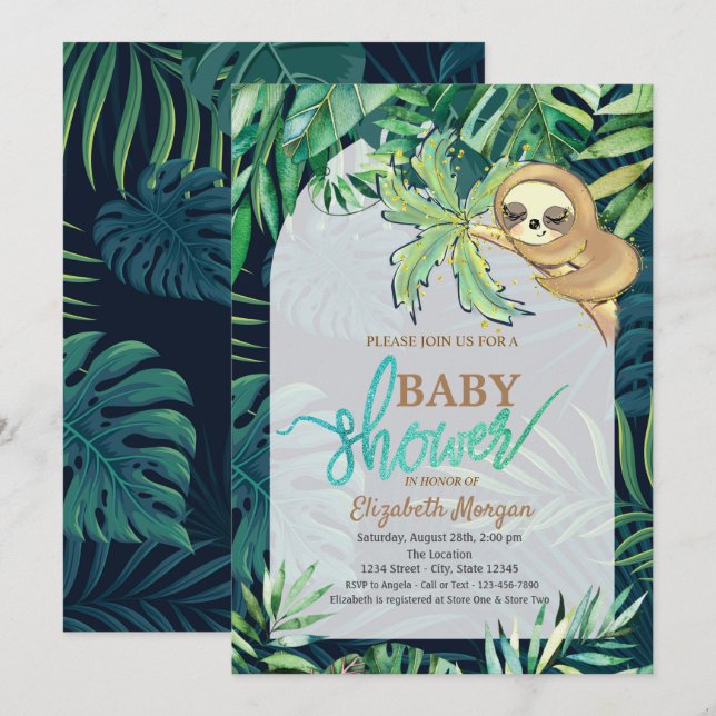 Sleeping Sloth Summer Palm Leaf Baby Shower   Invitation (Front/Back)