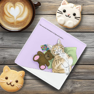 Sleeping Tabby Cat Comfort Cute Cozy Lavender Glass Coaster