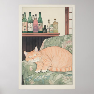 Sleeping Tabby Cat Print Ukiyo-e Japanese Bedroom