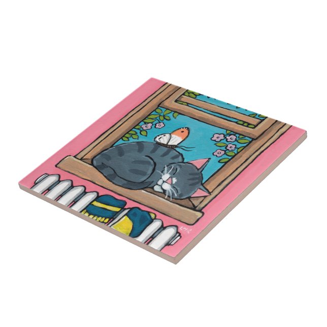 Sleeping Tabby Cat with Butterfly on Window Sill Tile (Side)
