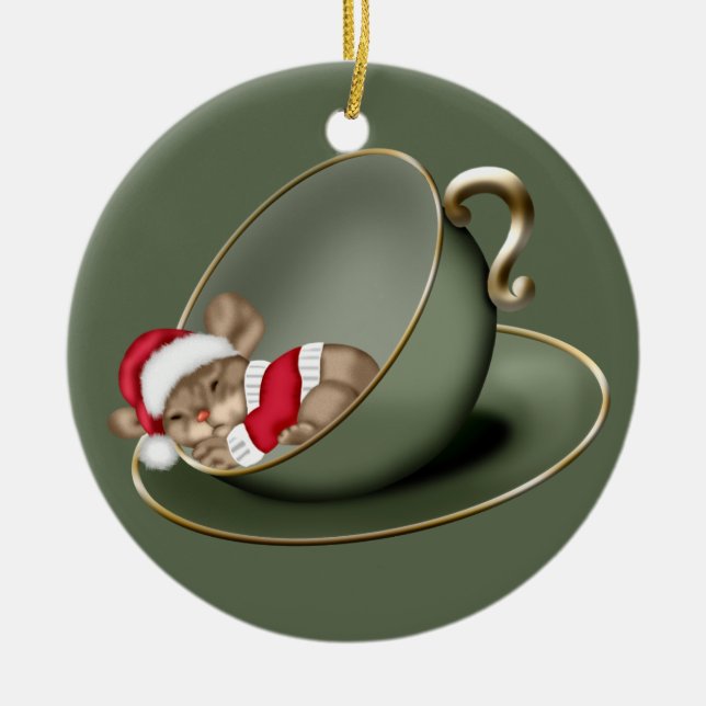 Sleeping Tea Cup Mouse 2 Sided Ceramic Ornament (Front)