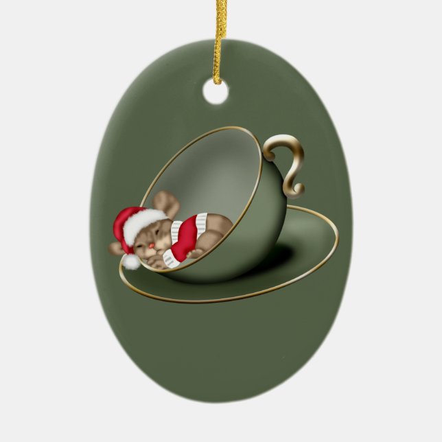 Sleeping Tea Cup Mouse 2 Sided Ceramic Ornament (Front)