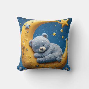 Sleeping Teddy Bear On Crescent Moon Throw Pillow
