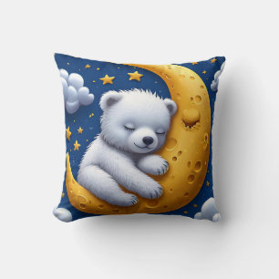 Sleeping Teddy Bear On Crescent Moon Throw Pillow