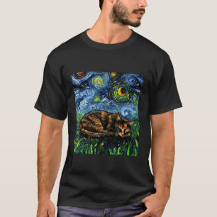 Sleeping Tortie Starry Night Tortoiseshell Cat Art T-Shirt