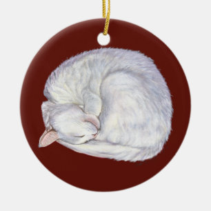 Sleeping Treasure White cat painting art Ceramic Ornament