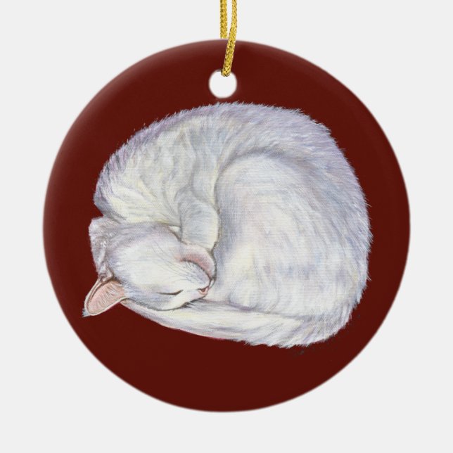 Sleeping Treasure White cat painting art Ceramic Ornament (Front)