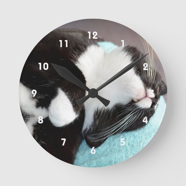 sleeping tuxedo cat chin view kitty image round clock (Front)