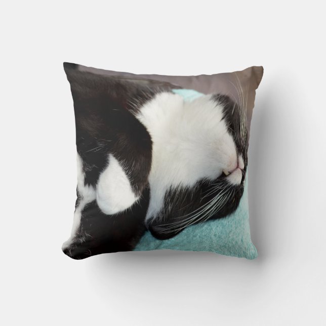 sleeping tuxedo cat chin view kitty image throw pillow (Front)