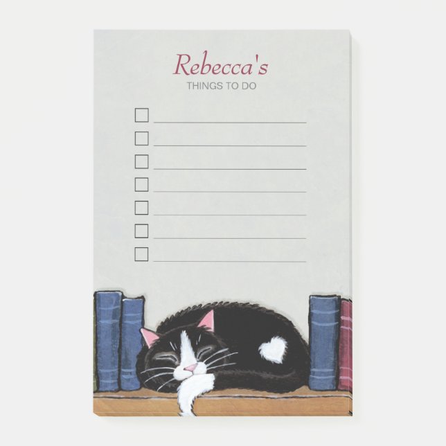 Sleeping Tuxedo Cat on Bookshelf Things To Do List Post-it Notes (Front)