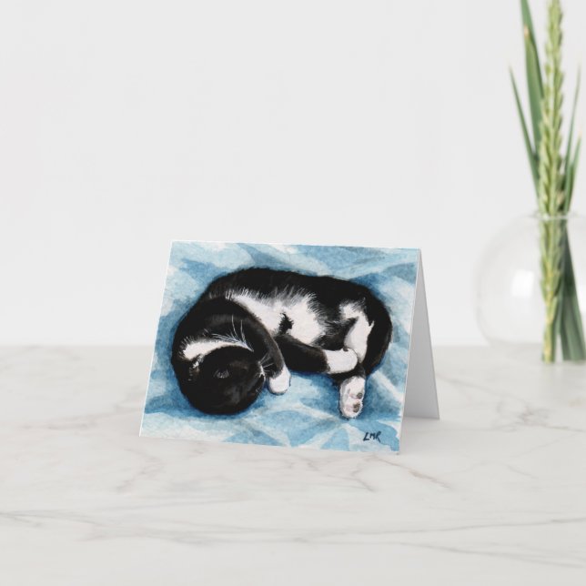 Sleeping Tuxedo Cat Painting Note Card (Front)