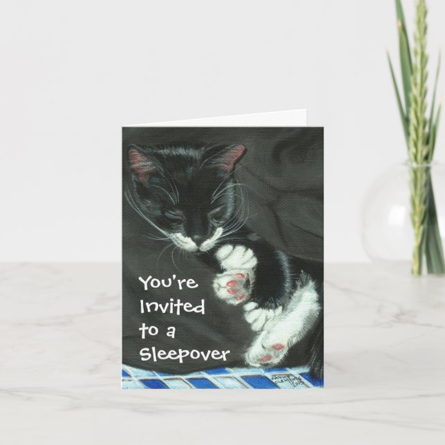 Sleeping Tuxedo Cat Sleepover Party Invitation (Front)