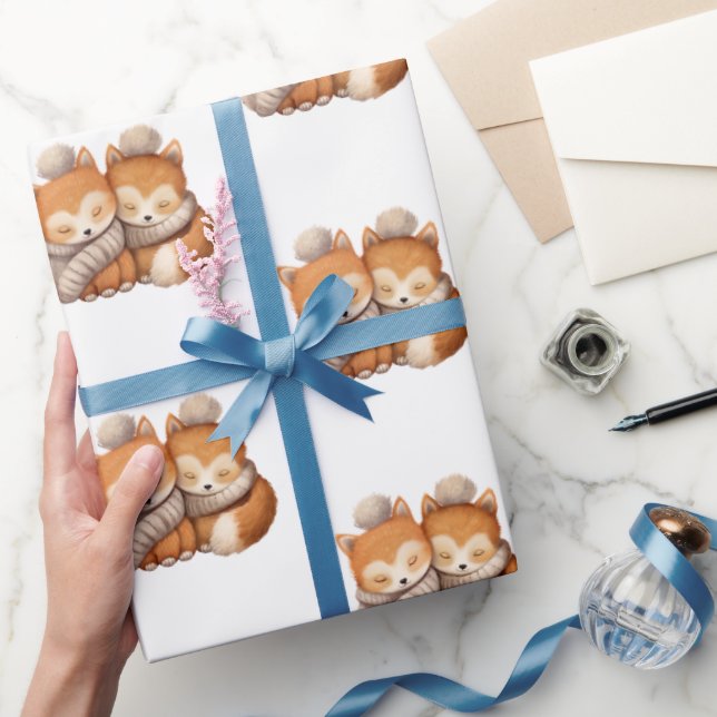 Sleeping Twin Baby Foxes Wrapping Paper (Gifting)