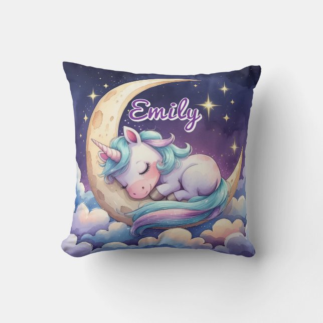 Sleeping Unicorn on Moon Editable Name Pillow (Front)