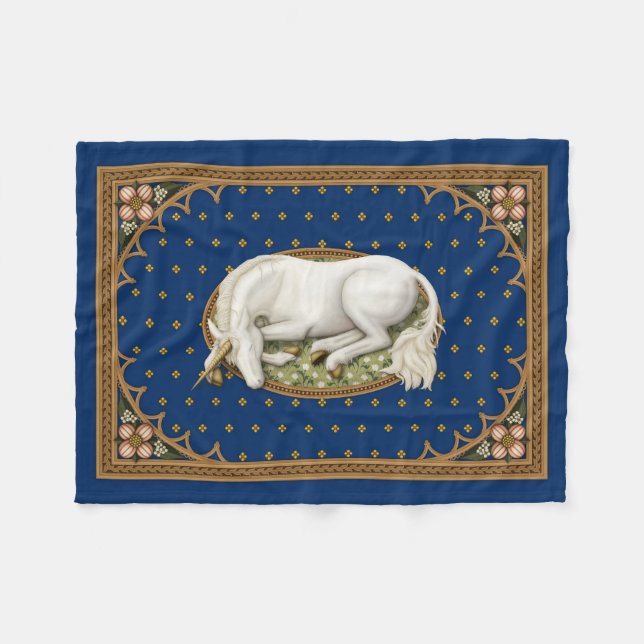 Sleeping Unicorn Royal Blue Medieval Fleece Blanket (Front (Horizontal))