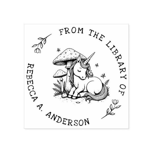 Sleeping Unicorn Toadstool Bookplate Stamp (Imprint)