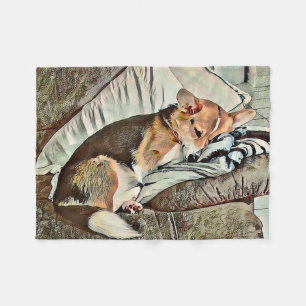 Sleeping Welsh Corgi on Couch Fleece Blanket