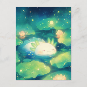 Sleeping White Axolotl in Magical Night Lotus Pond Postcard