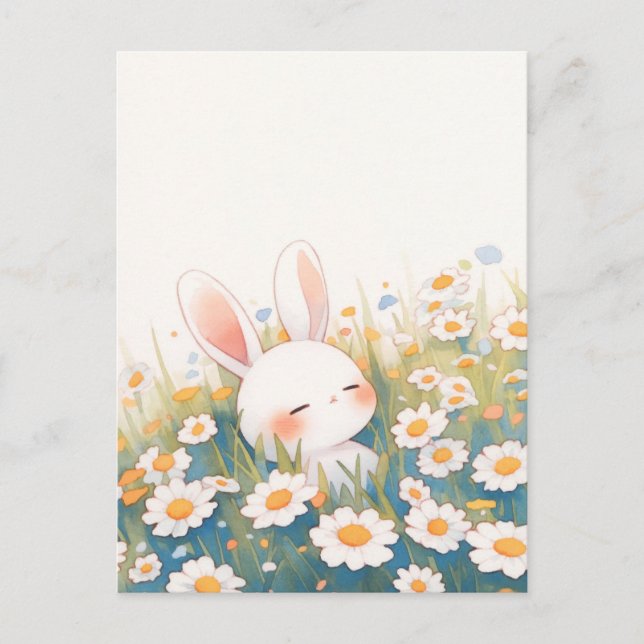 Sleeping White Bunny in Daisy Meadow Postcard (Front)