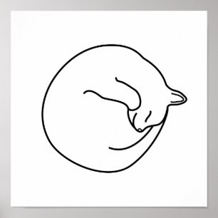 Sleeping White Cat Black on White Print