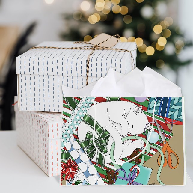 Sleeping White Cat Christmas Wrapping Paper Large Gift Bag (Creator Uploaded)