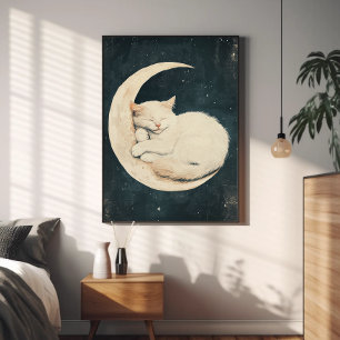 Sleeping White Cat on Crescent Moon – Dreamy Night Poster