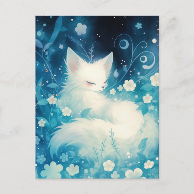 Sleeping White Fox in Blue Midnight Garden Postcard (Front)
