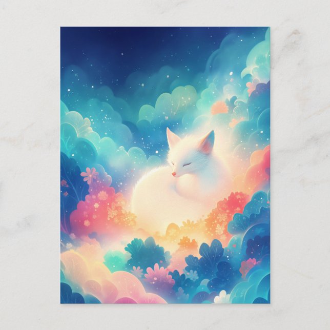 Sleeping White Fox in Magical Clouds Postcard (Front)