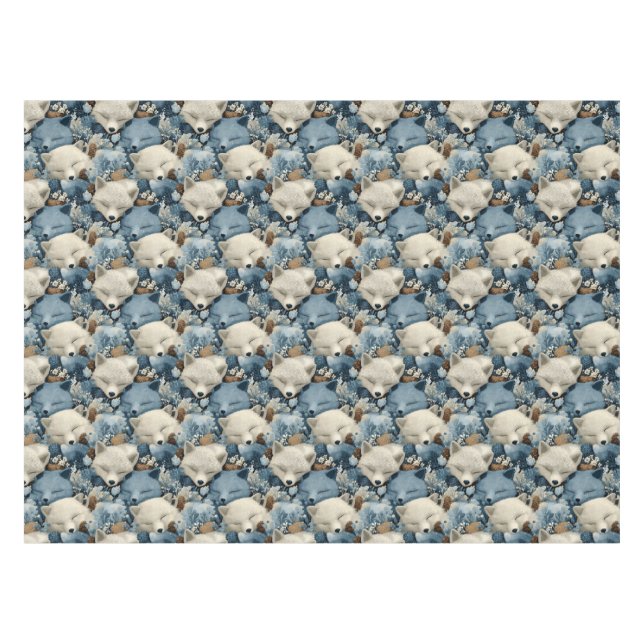 Sleeping Winter Foxes Pattern with Blue a White Tablecloth (Front (Horizontal))
