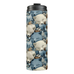 Sleeping Winter Foxes Pattern with Blue a White Thermal Tumbler