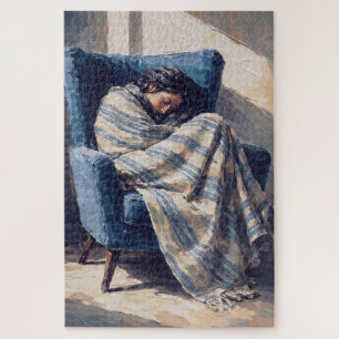 Sleeping Woman in Armchair Cozy Blanket Impasto Jigsaw Puzzle