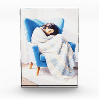 Sleeping Woman in Blue Armchair Cozy Blanket  Photo Block