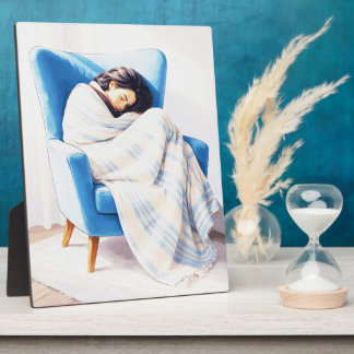 Sleeping Woman in Blue Armchair Cozy Blanket  Plaque