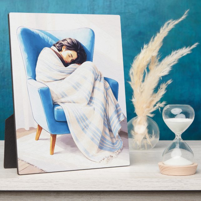 Sleeping Woman in Blue Armchair Cozy Blanket  Plaque (Side)