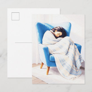 Sleeping Woman in Blue Armchair Cozy Blanket  Postcard