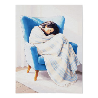 Sleeping Woman in Blue Armchair Cozy Blanket  Poster