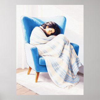 Sleeping Woman in Blue Armchair Cozy Blanket  Poster