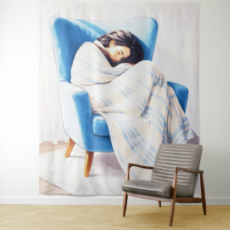 Sleeping Woman in Blue Armchair Cozy Blanket  Tapestry