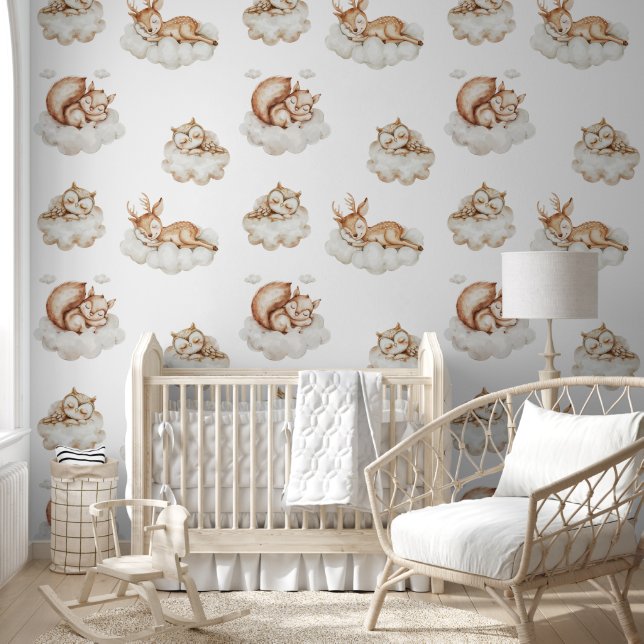 Sleeping Woodland Animals Pattern Baby Nursery Wallpaper (Kids)