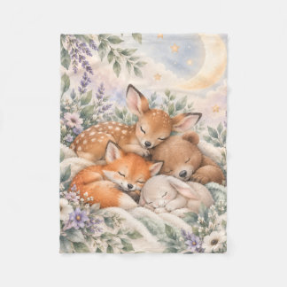 Sleeping Woodland Animals Watercolor Baby Fleece  Blanket