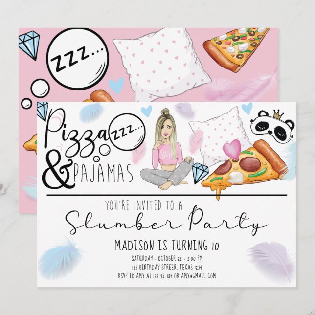 Sleepover Birthday Party Pizza & Pyjamas  Invitation (Front/Back)