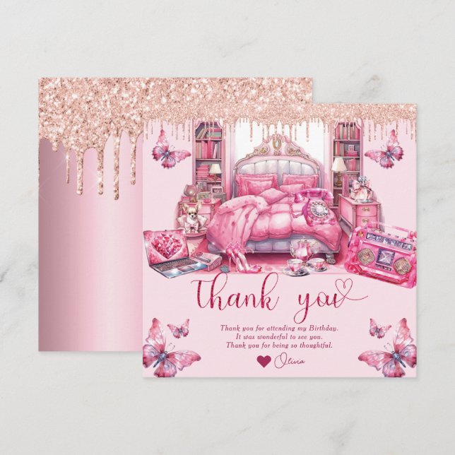 Sleepover Girl Birthday Glitter dropping Thank You Card (Front/Back)