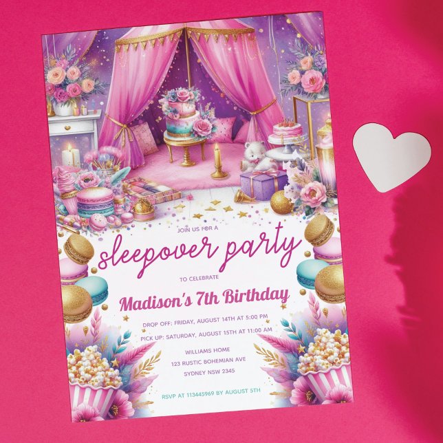 Sleepover Girl Birthday Pastel Pink Purple Gold Invitation (Creator Uploaded)