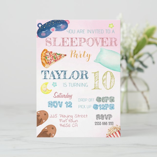 Sleepover Girl Slumber Party Birthday Invitation (Standing Front)
