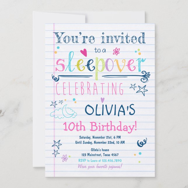 Sleepover Invitation Slumber Party Pyjamas Girl (Front)