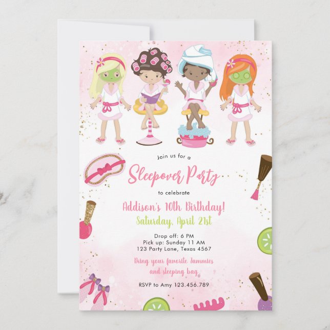 Sleepover Party Girl Spa Pink Birthday Invitation (Front)
