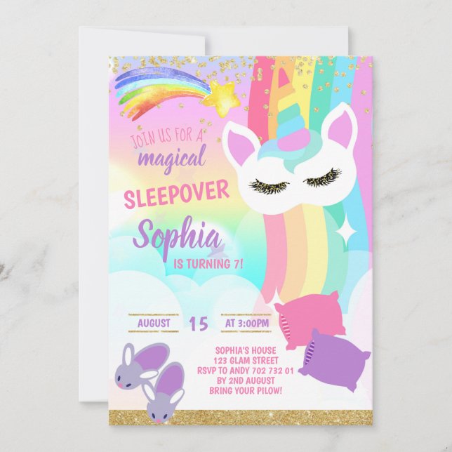 Sleepover Party Unicorn Rainbow Slumber Birthday Invitation (Front)
