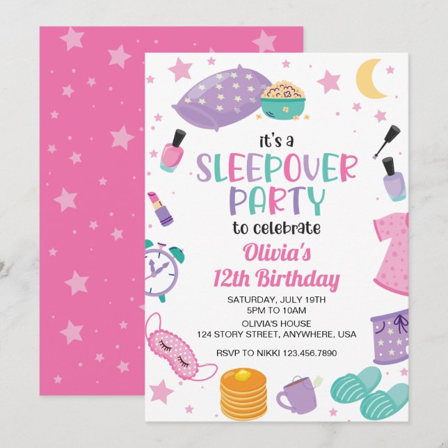 Sleepover slumber party pink purple tween invitation (Front/Back)
